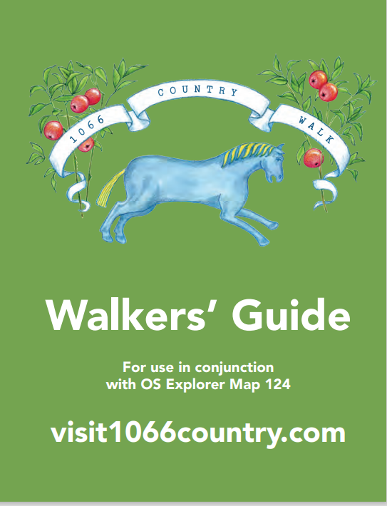 a green background with a small blue horse in centre. Ribbon above says 1066 country walk. White text below says Walker's Guide, for use in conjunction with OS Explorer Map 124.